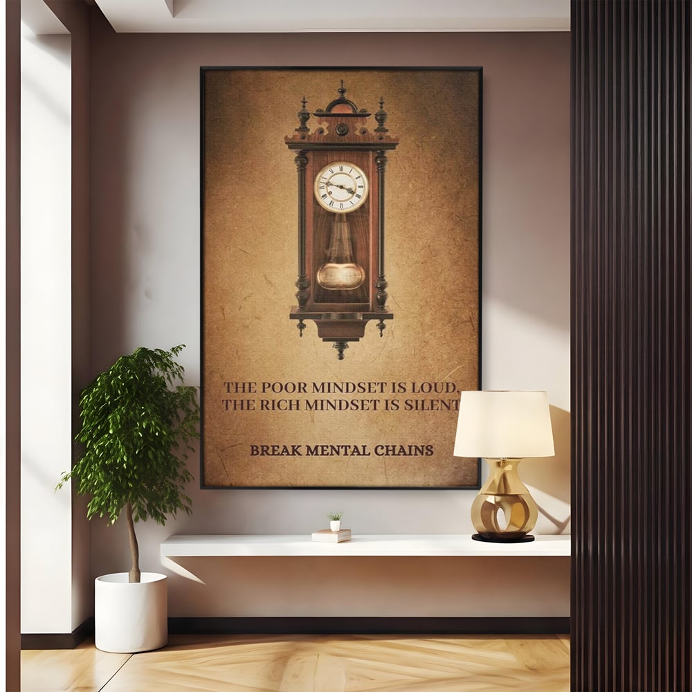 Tablou canvas cu tablou vertical cu ceas pendul vintage si mesaj motivational, in rama de aluminiu negru